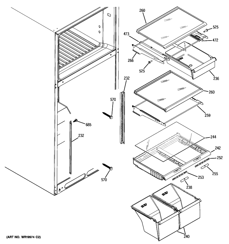 FRESH FOOD SHELVES Diagram and Parts List for GTS18QBTWRWW  General Electric Refrigerator