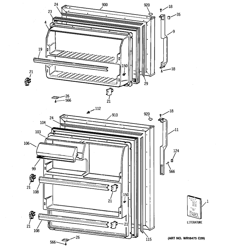 DOORS Diagram and Parts List for GTS16GBSELWW  General Electric Refrigerator