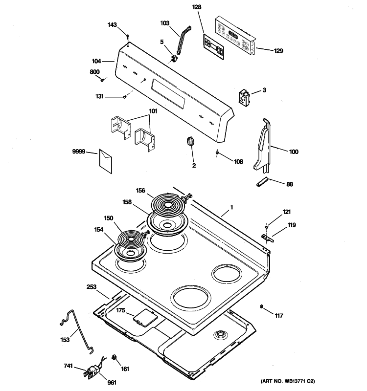 CONTROL PANEL & COOKTOP Diagram and Parts List for JBP22BK5CT  General Electric Range