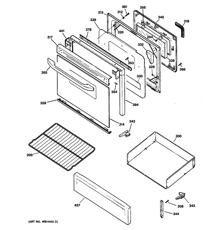 DOOR & DRAWER PARTS Diagram and Parts List for JGBP28WEK4WW  General Electric Range