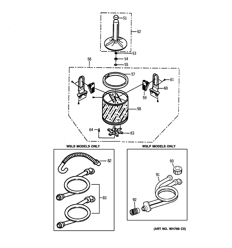 TUB & AGITATOR Diagram and Parts List for WSLP1100D0WW  General Electric Washer