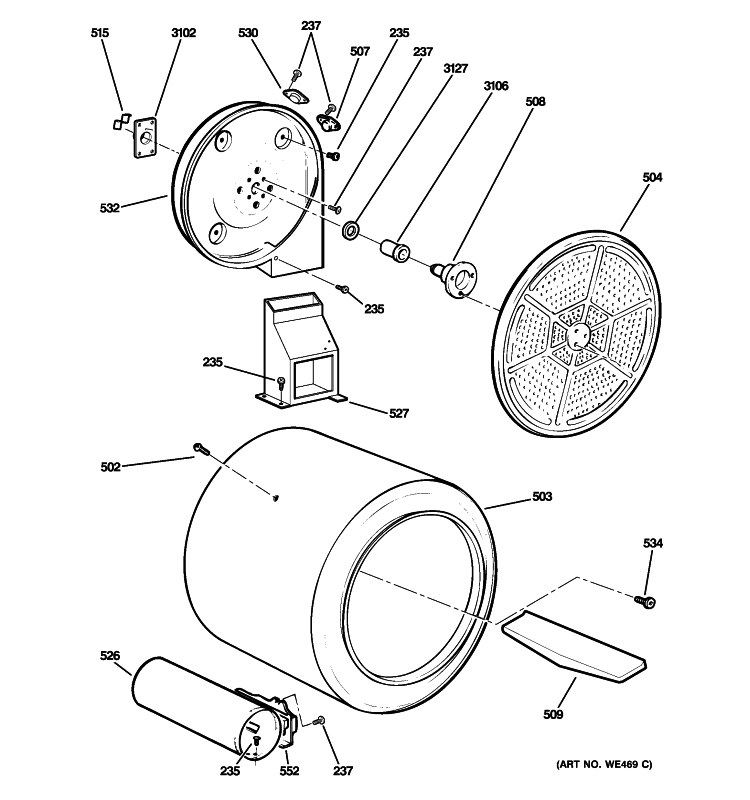 DRUM Diagram and Parts List for DBVH520GJ0WW  General Electric Dryer
