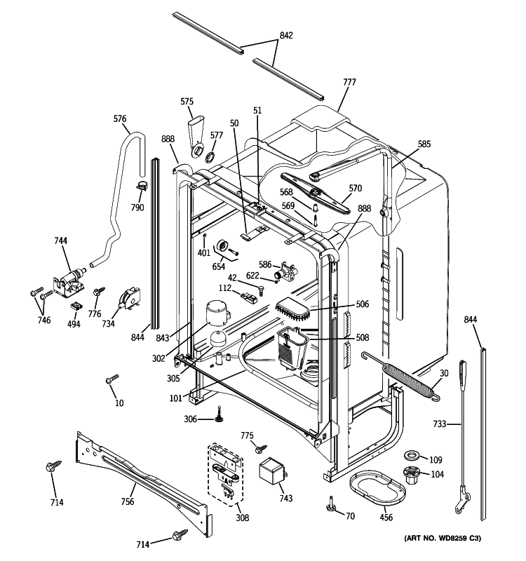 BODY PARTS Diagram and Parts List for GLD6900N10WW  General Electric Dishwasher