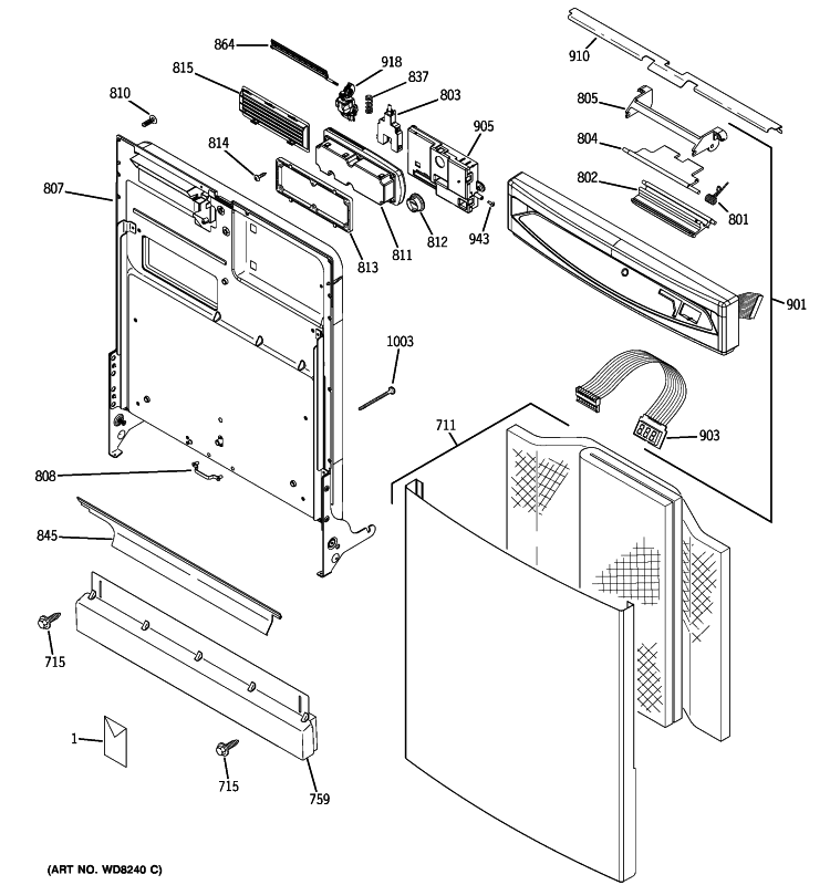 ESCUTCHEON & DOOR ASSEMBLY Diagram and Parts List for GLD6900N20WW  General Electric Dishwasher
