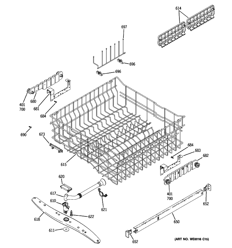 UPPER RACK ASSEMBLY Diagram and Parts List for GLD6900N20WW  General Electric Dishwasher