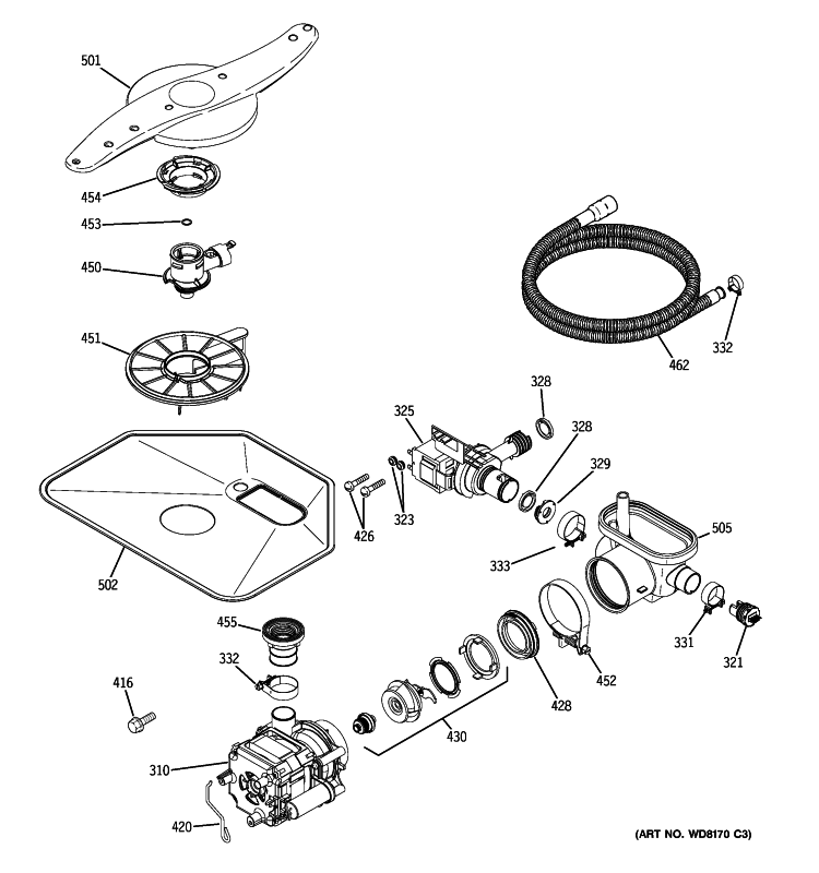 MOTOR-PUMP MECHANISM Diagram and Parts List for GLD6900N20WW  General Electric Dishwasher