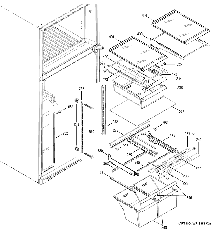 FRESH FOOD SHELVES Diagram and Parts List for GTH18KBMCRWW  General Electric Refrigerator