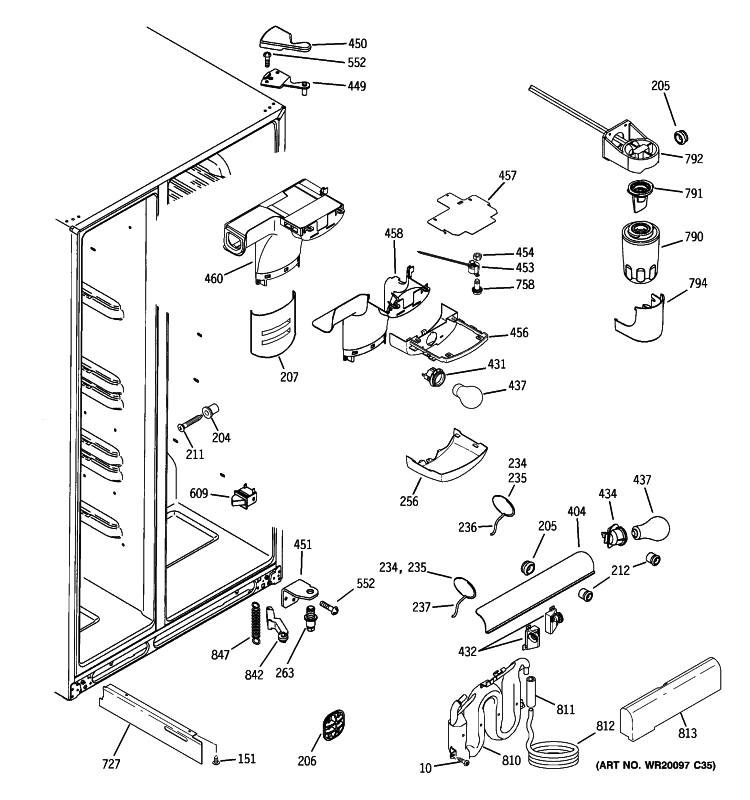 FRESH FOOD SECTION Diagram and Parts List for GSF25XGWAWW  General Electric Refrigerator
