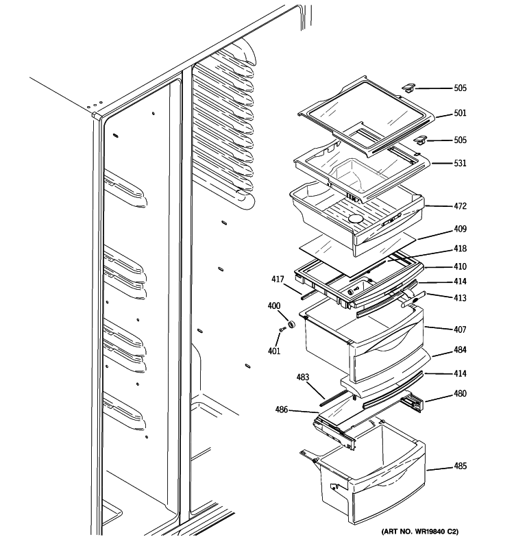 FRESH FOOD SHELVES Diagram and Parts List for GSF25XGWAWW  General Electric Refrigerator