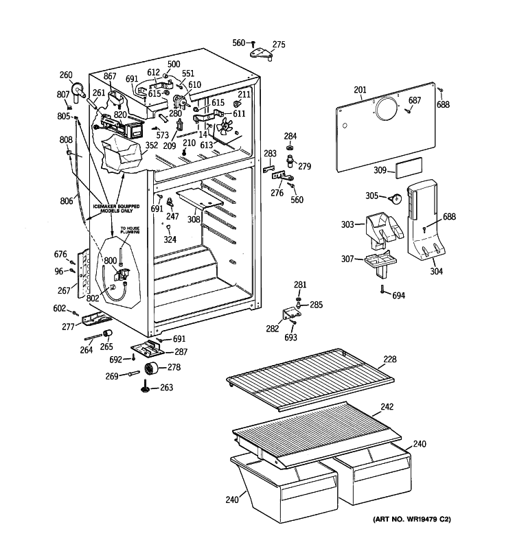 CABINET Diagram and Parts List for HTS16BCSELWW  Hotpoint Refrigerator