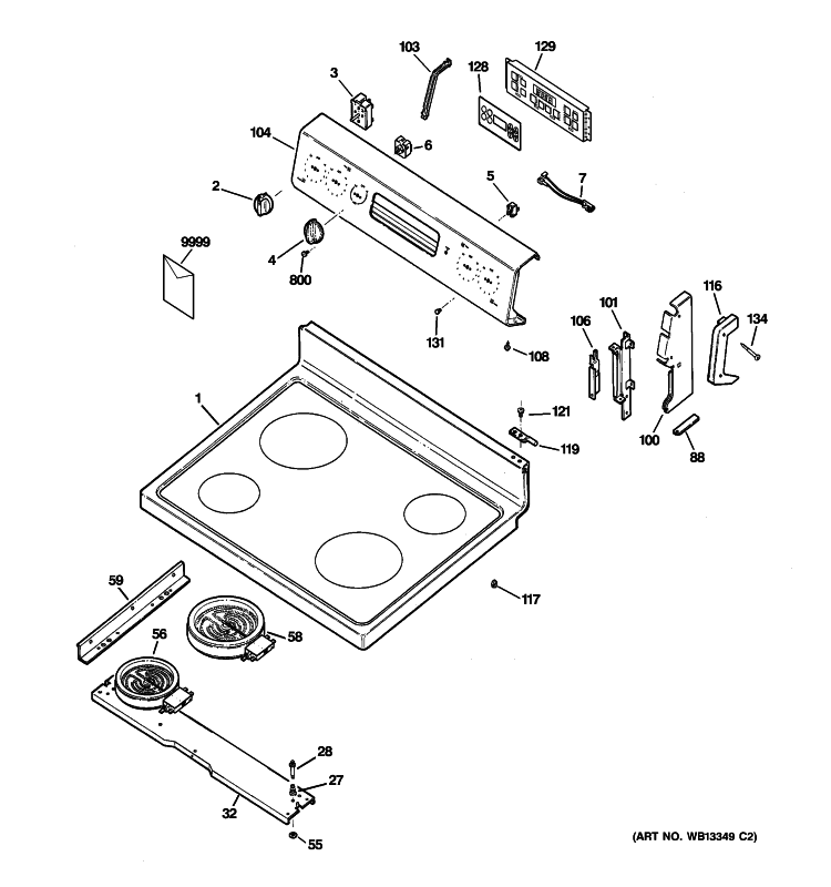 CONTROL PANEL & COOKTOP Diagram and Parts List for RB800CJ5CC  Hotpoint Range