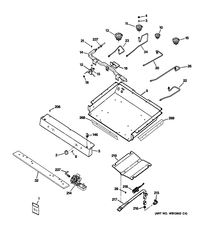 GAS & BURNER PARTS Diagram and Parts List for JGBS80SEM1SS  General Electric Range