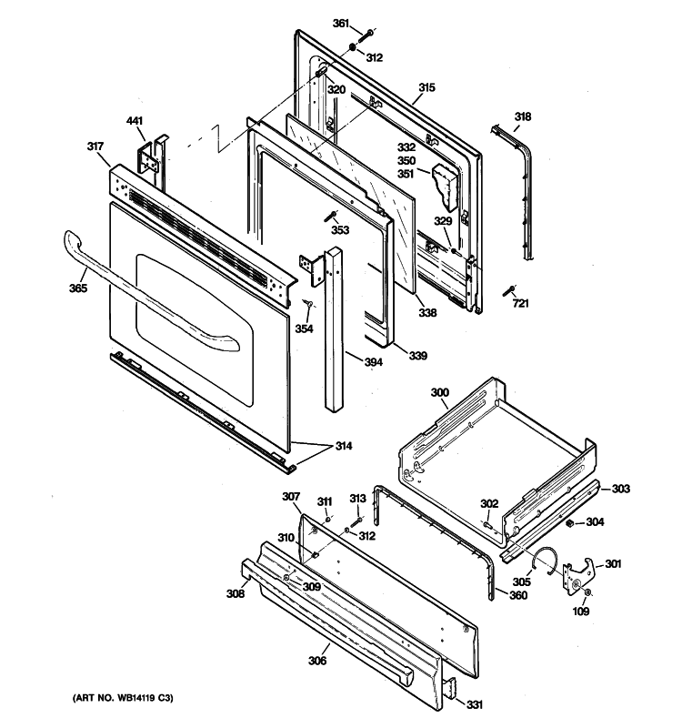 DOOR & DRAWER PARTS Diagram and Parts List for JGBS80SEM1SS  General Electric Range