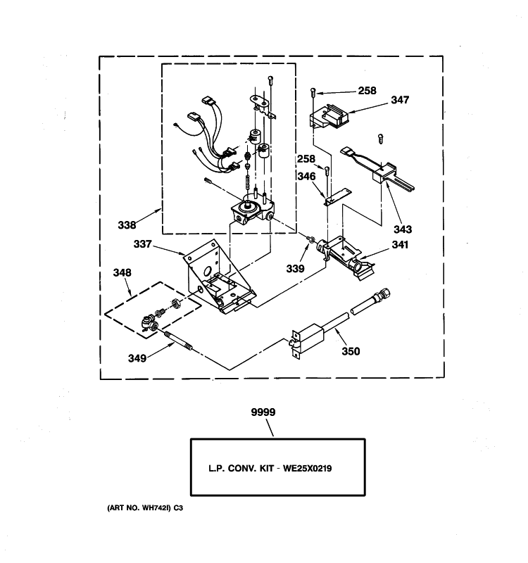 BURNER ASSEMBLY Diagram and Parts List for WSM2480D3WW  General Electric Washer Dryer Combo