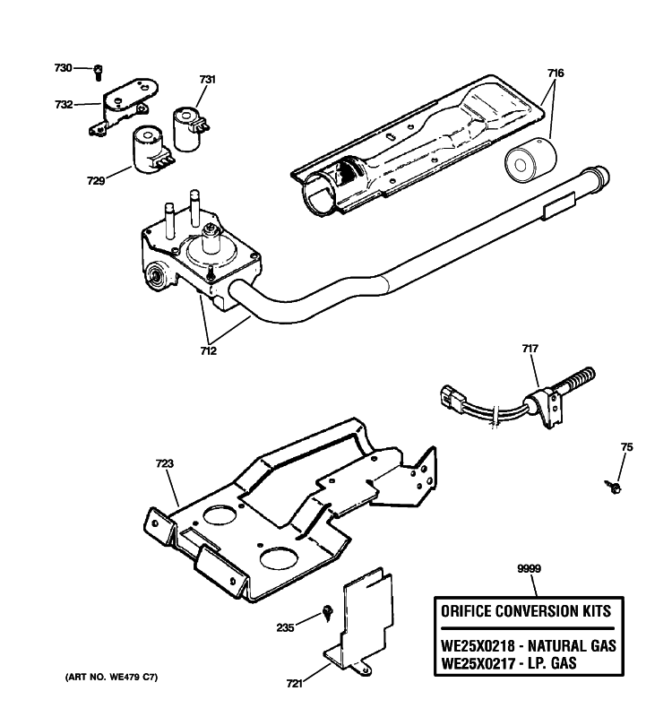 GAS VALVE & BURNER ASSEMBLY Diagram and Parts List for DBXR463PG1WW  General Electric Dryer