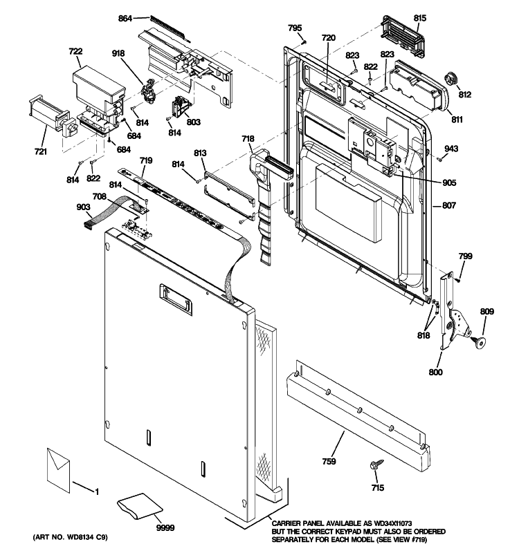 ESCUTCHEON & DOOR ASSSEMBLY Diagram and Parts List for ZBD6890K01II  General Electric Dishwasher