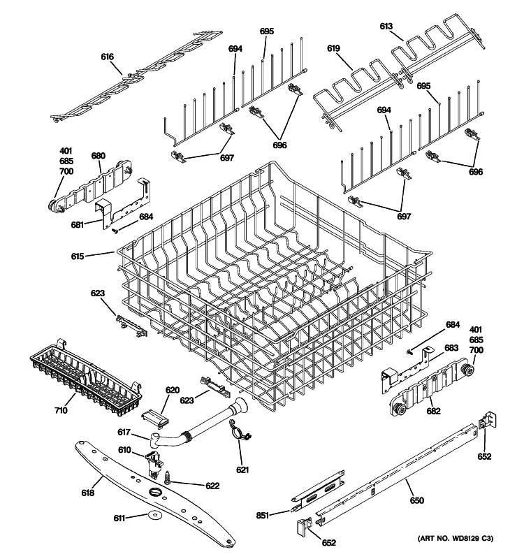 UPPER RACK ASSEMBLY Diagram and Parts List for ZBD6890K01II  General Electric Dishwasher