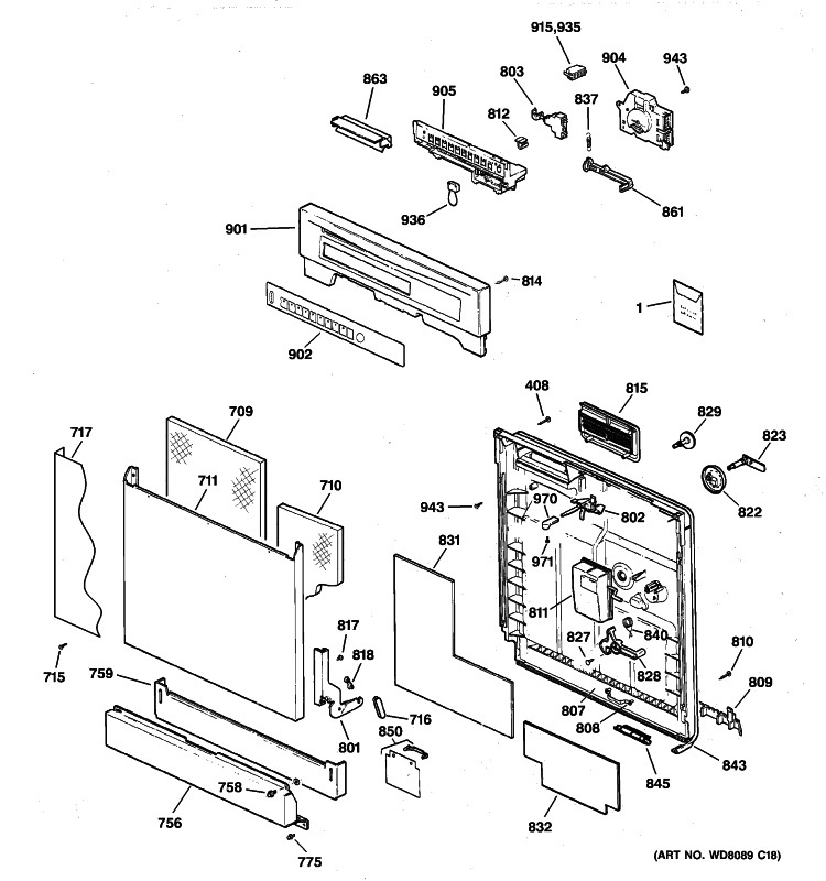 ESCUTCHEON & DOOR ASSEMBLY Diagram and Parts List for GSD5860G00SS  General Electric Dishwasher