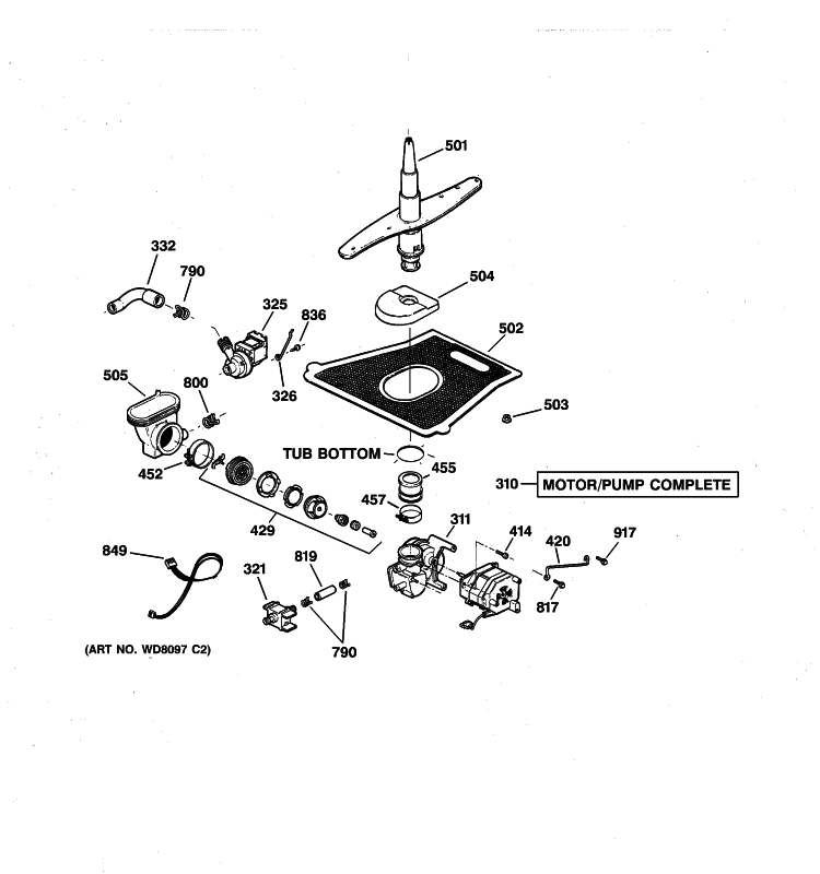 MOTOR-PUMP MECHANISM Diagram and Parts List for GSD5860G00SS  General Electric Dishwasher