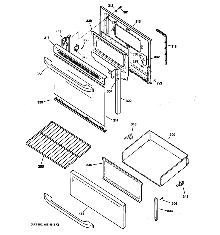 DOOR & DRAWER PARTS Diagram and Parts List for RB536BK2BB  Hotpoint Range