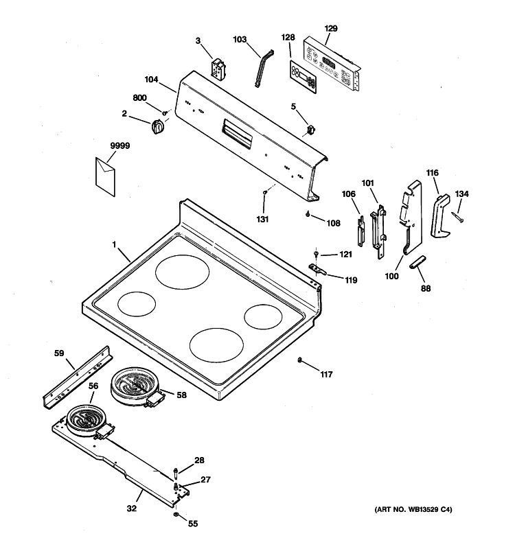 CONTROL PANEL & COOKTOP Diagram and Parts List for RB787CH5CC  Hotpoint Range