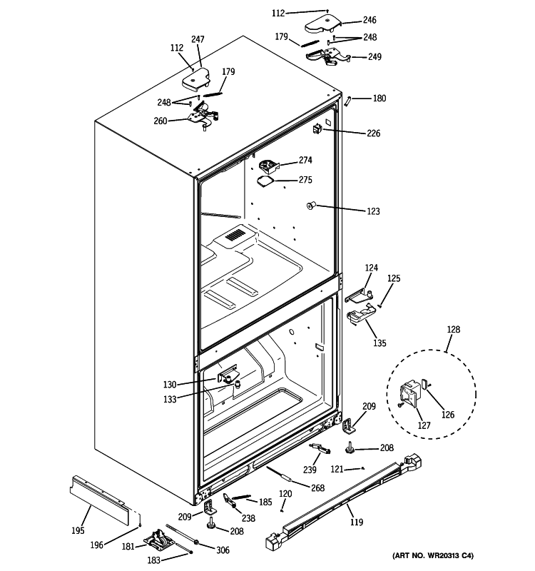 CASE PARTS Diagram and Parts List for PFCF1NFXAWW  General Electric Refrigerator