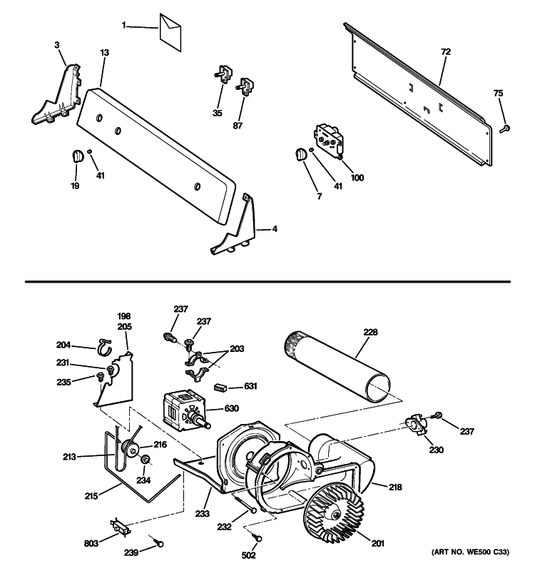 BACKSPLASH, BLOWER & MOTOR Diagram and Parts List for DBXR463PG2WW  General Electric Dryer