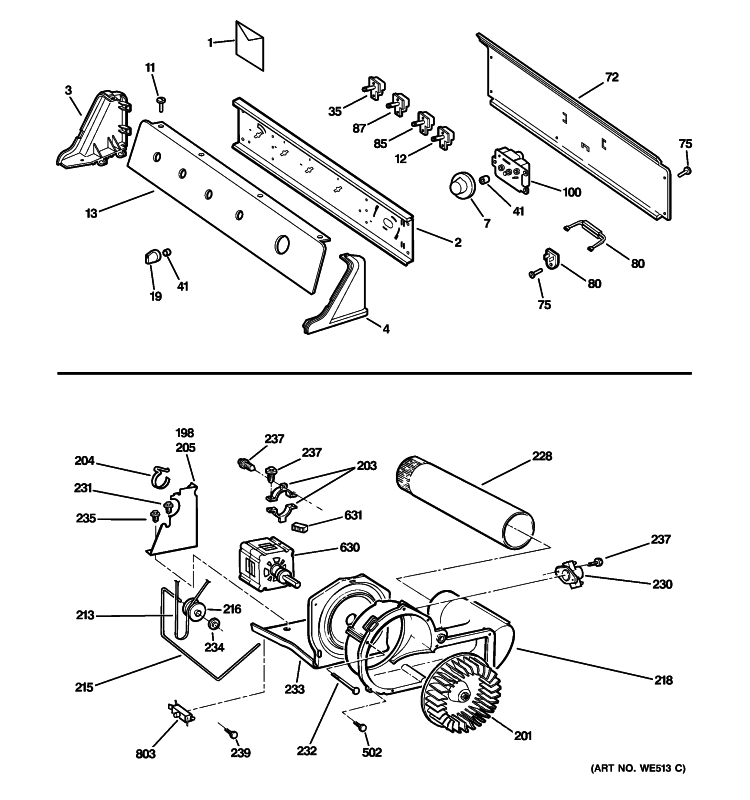 BACKSPLASH, BLOWER & MOTOR Diagram and Parts List for DISR473DG2WW  General Electric Dryer