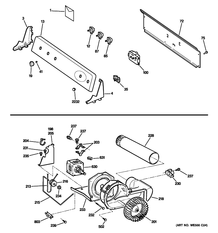 BACKSPLASH, BLOWER & MOTOR Diagram and Parts List for DLLSR40GG3WW  General Electric Dryer
