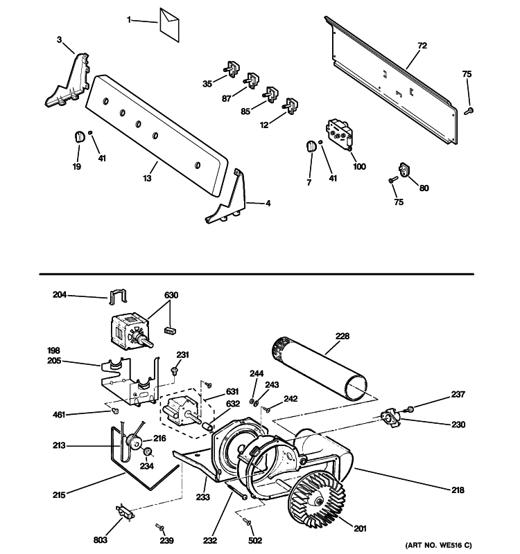 BACKSPLASH, BLOWER & MOTOR Diagram and Parts List for DLSR483EG2WW  General Electric Dryer