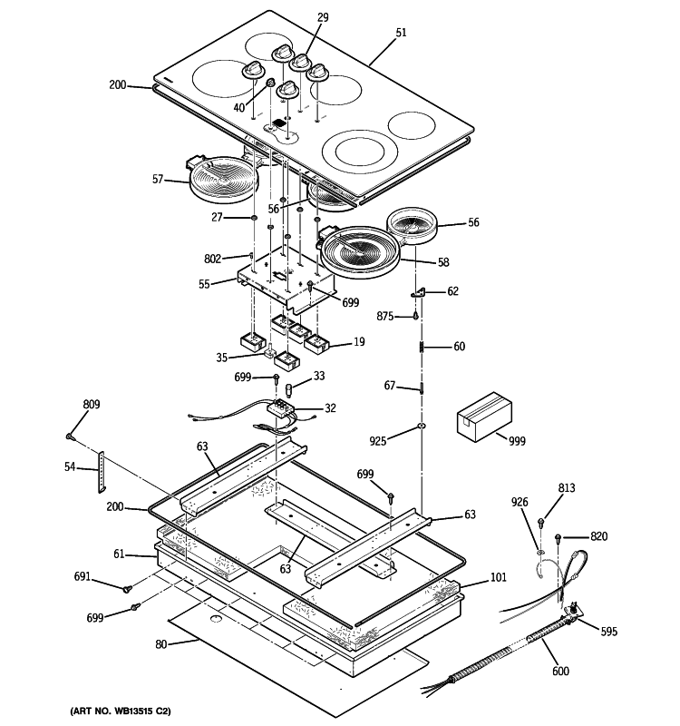 CONTROL PANEL & COOKTOP Diagram and Parts List for JP655SM2SS  General Electric Cooktop