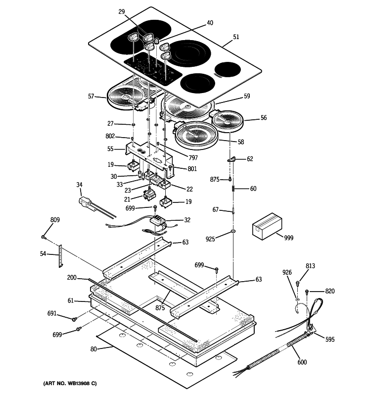 CONTROL PANEL & COOKTOP Diagram and Parts List for PP962KM2CC  General Electric Cooktop