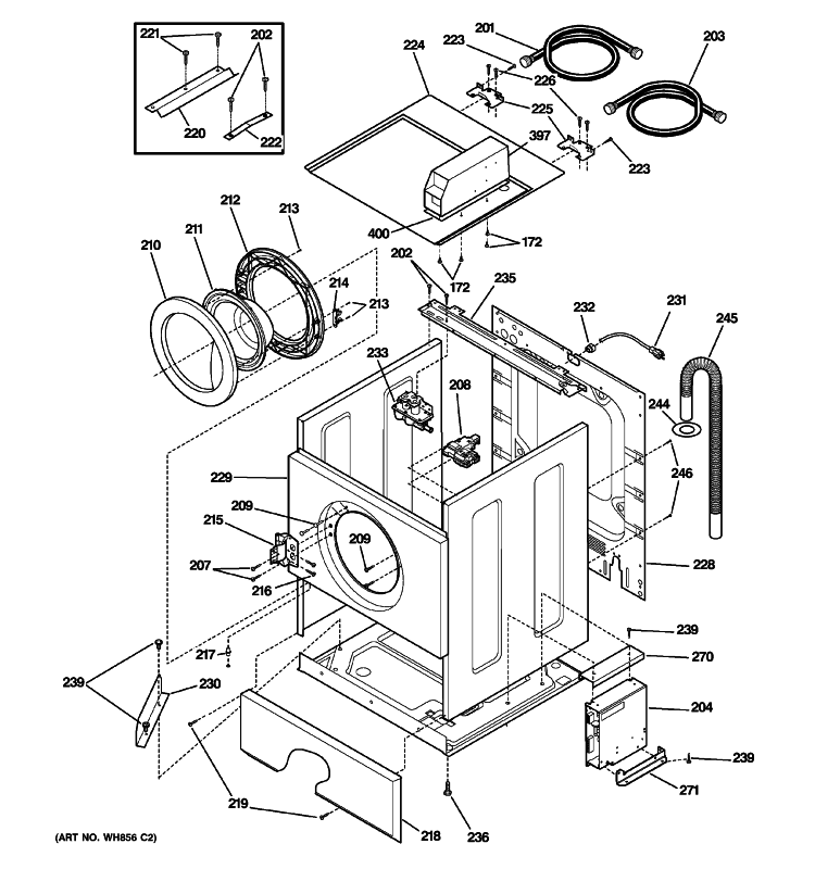 CABINET, DOOR & TOP Diagram and Parts List for WCCH404H2WW  General Electric Washer