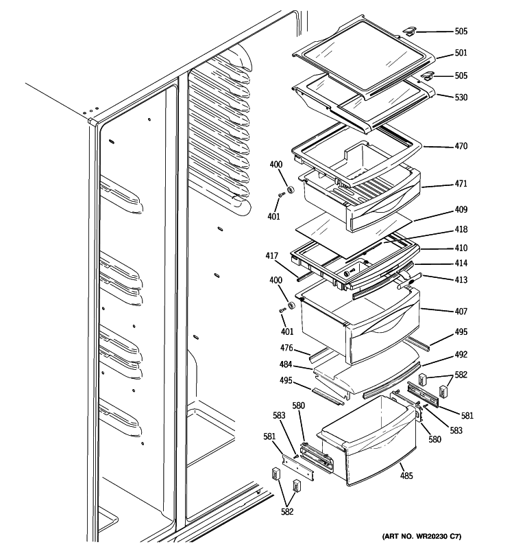 FRESH FOOD SHELVES Diagram and Parts List for GSCF3PGXAFWW  General Electric Refrigerator