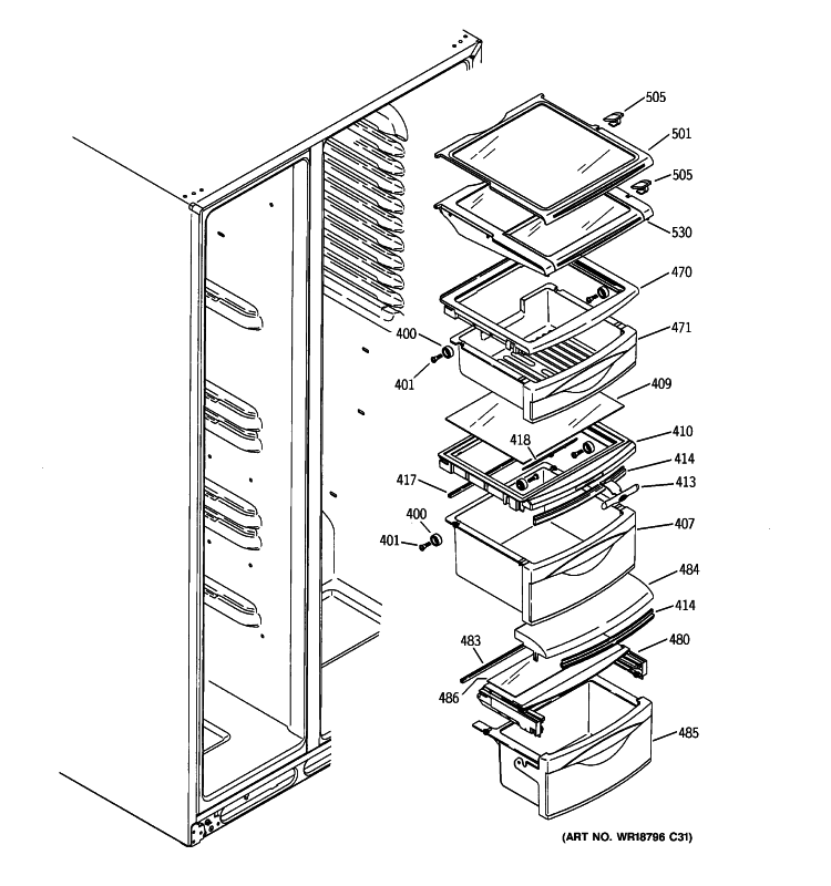 FRESH FOOD SHELVES Diagram and Parts List for GSHF6PHXBEWW  General Electric Refrigerator