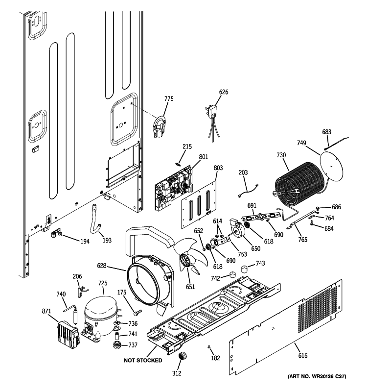 MACHINE COMPARTMENT Diagram and Parts List for PDSF5NBXAWW  General Electric Refrigerator