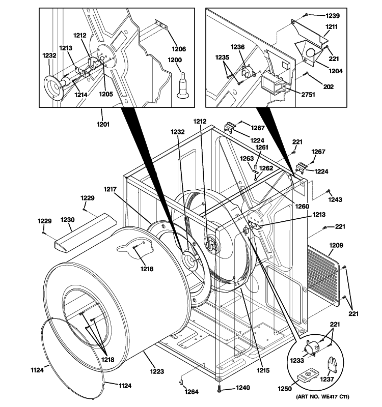 CABINET & DRUM Diagram and Parts List for DCCH43EF1WW  General Electric Dryer