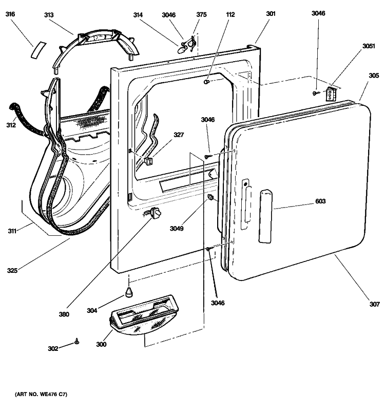 FRONT PANEL & DOOR Diagram and Parts List for DLSR483GG2WW  General Electric Dryer