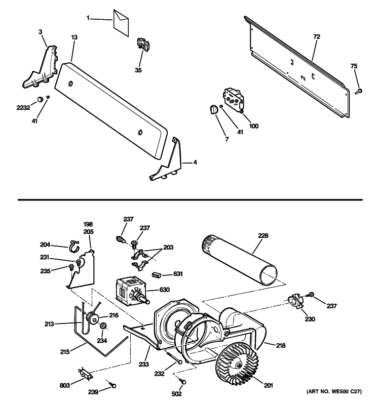 BACKSPLASH, BLOWER & MOTOR Diagram and Parts List for DVLR223PG2WW  General Electric Dryer