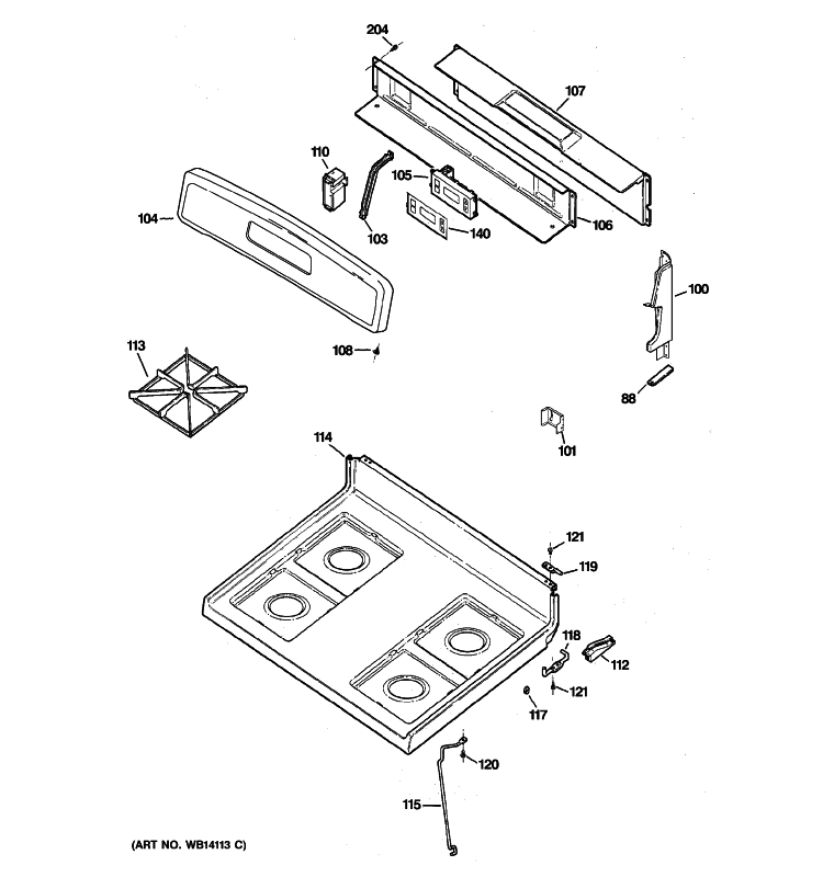 CONTROL PANEL & COOKTOP Diagram and Parts List for JGBS17DEM2WW  General Electric Range