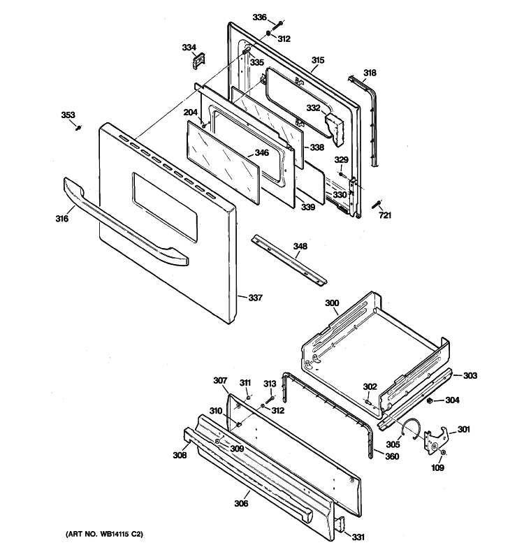 DOOR & DRAWER PARTS Diagram and Parts List for JGBS17DEM2WW  General Electric Range