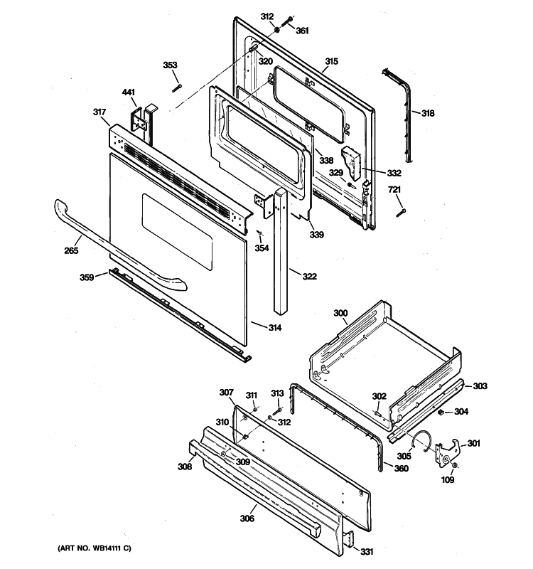 DOOR & DRAWER PARTS Diagram and Parts List for JGBS20DEM2BB  General Electric Range