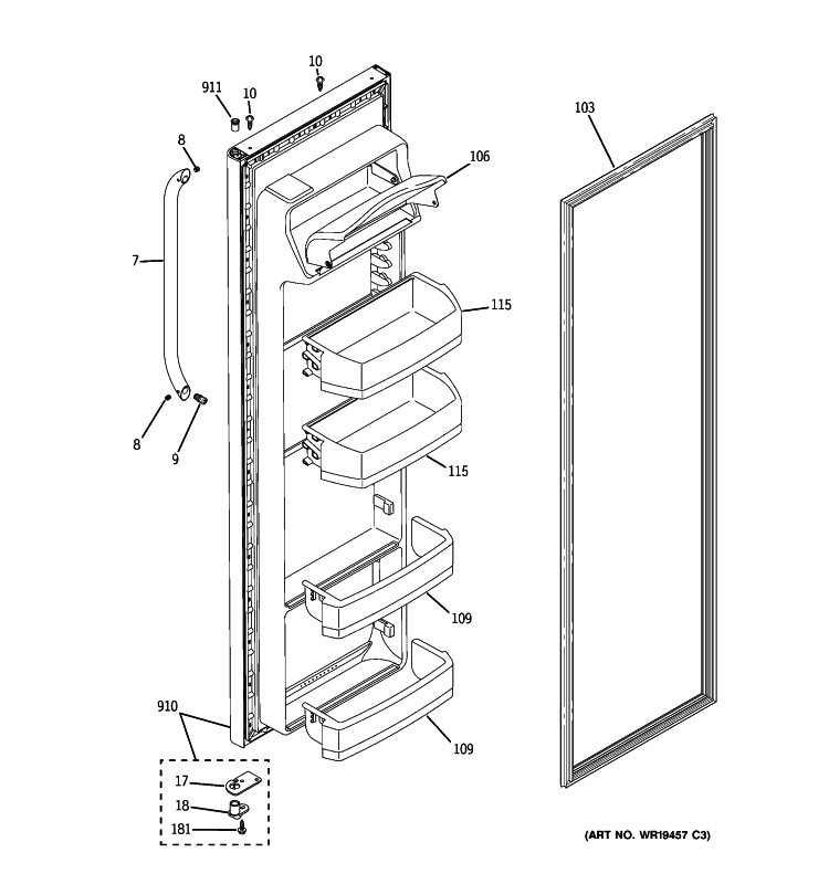 FRESH FOOD DOOR Diagram and Parts List for BSS25JSTDSS  General Electric Refrigerator