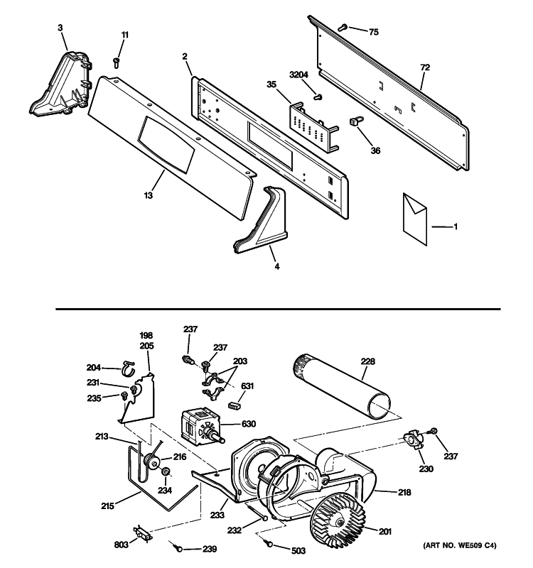 BACKSPLASH, BLOWER & MOTOR Diagram and Parts List for DNCD450GG2WC  General Electric Dryer