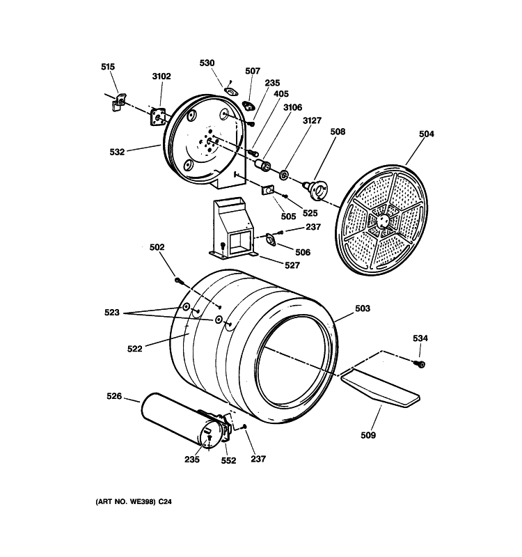 DRUM Diagram and Parts List for DNCD450GG2WC  General Electric Dryer
