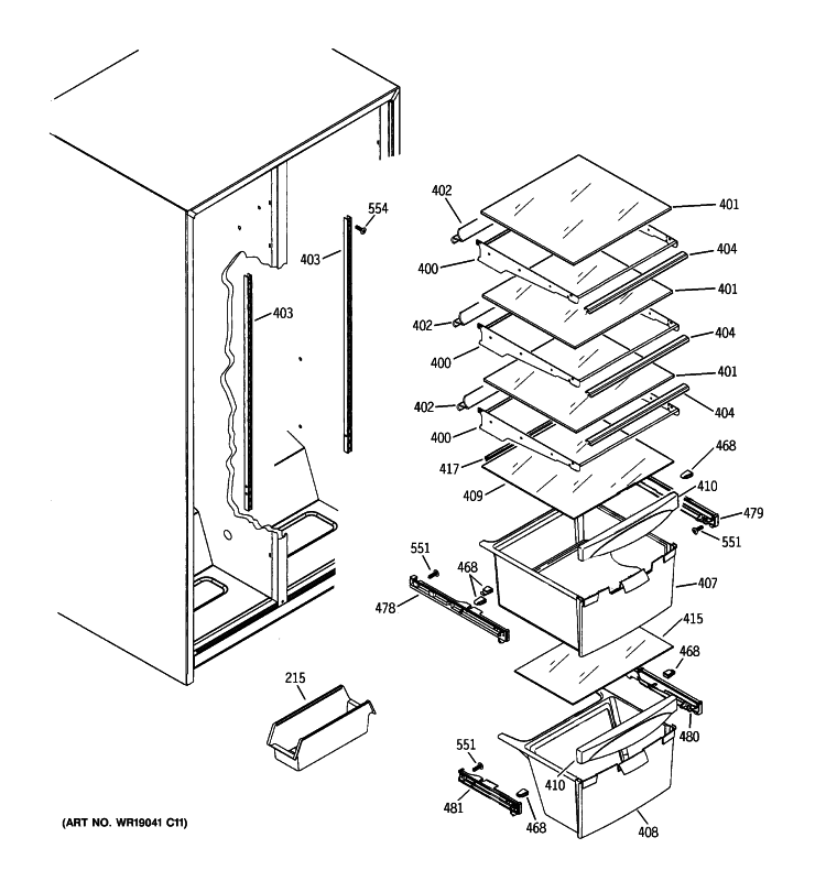 FRESH FOOD SHELVES Diagram and Parts List for GSS22IBTFWW  General Electric Refrigerator