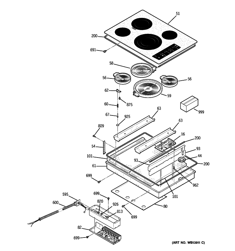 CONTROL PANEL & COOKTOP Diagram and Parts List for PP945SM2SS  General Electric Cooktop