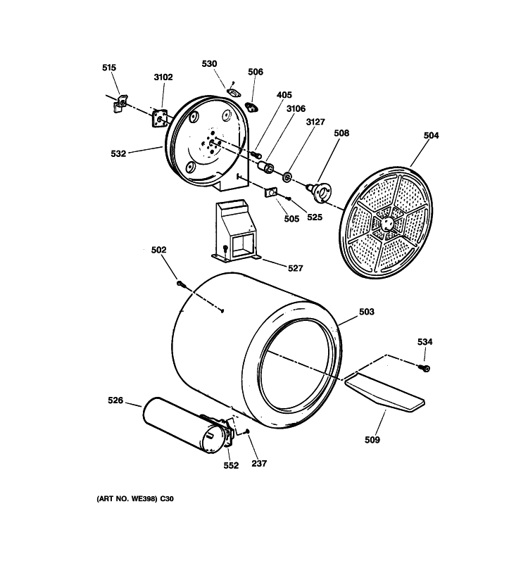 DRUM Diagram and Parts List for DISR333FC5WW  General Electric Dryer