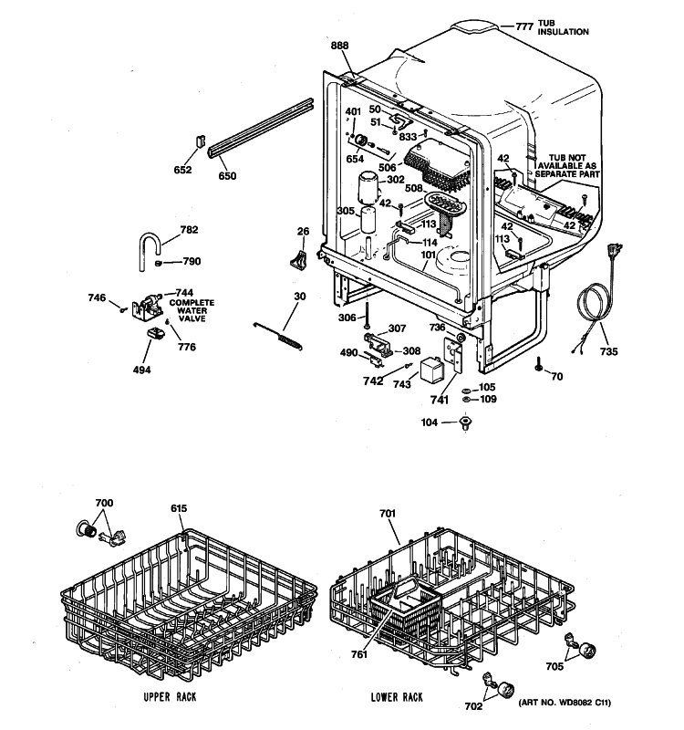 BODY PARTS Diagram and Parts List for GSD2201G00WW  General Electric Dishwasher