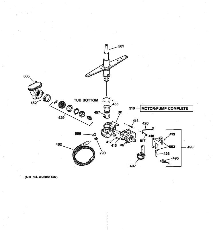 MOTOR-PUMP MECHANISM Diagram and Parts List for GSD2201G00WW  General Electric Dishwasher